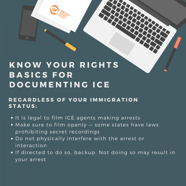 Green infographic with a laptop, cellphone, papers, and pens links to “KNOW YOUR RIGHTS: BASICS FOR DOCUMENTING ICE.”
