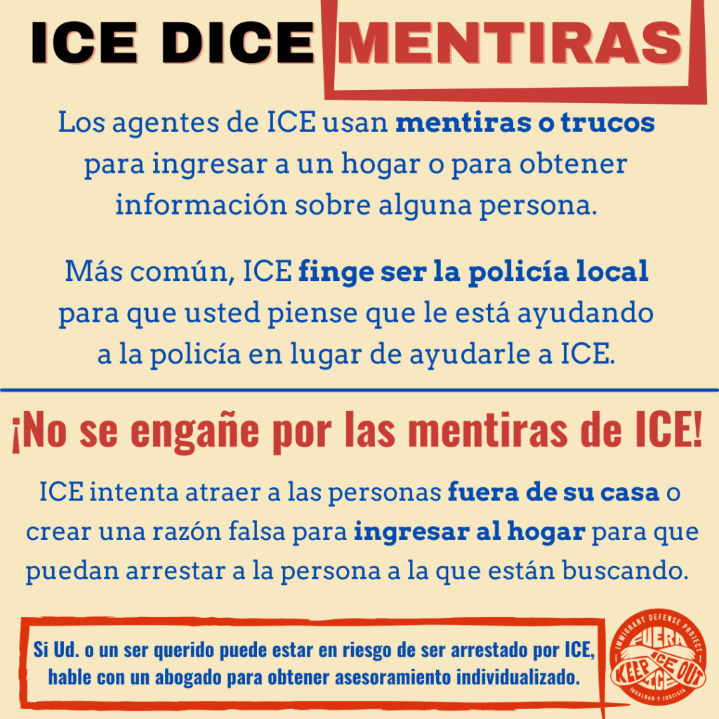 Infographic “¡No se engañe por las mentiras de ICE!” links to “ICE DICE MENTIRAS.”
