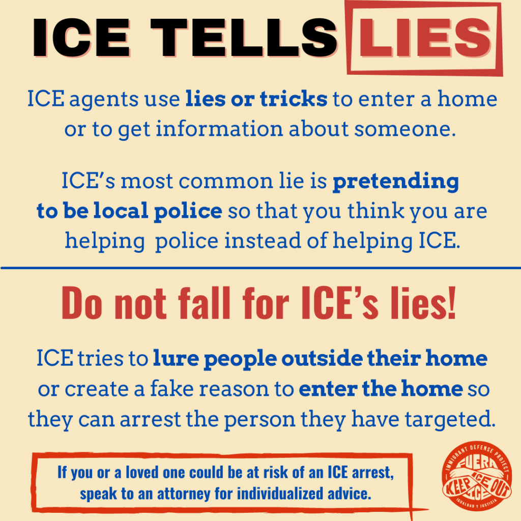 Infographic “Do not fall for ICE’s lies!” links to “ICE TELLS LIES.” 