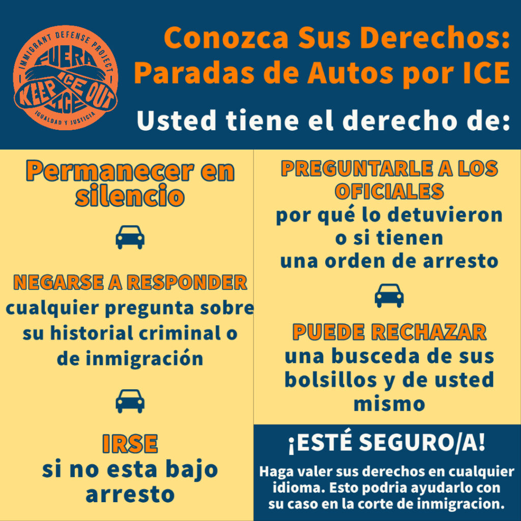 KYR instructions in Spanish and cars links to “Conozca Sus Derechos: Paradas de Autos por ICE."