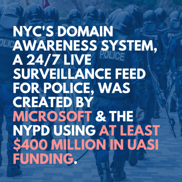 Slide: NYC's Domain Awareness System, a 24/7 live surveillance feed for police, was created by Microsoft & the NYPD using at least $400 million in UASI funding. 