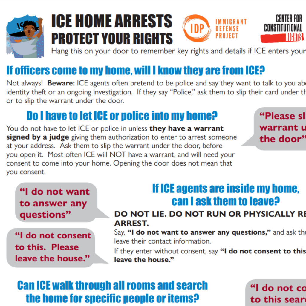 Gray speech bubbles and language to assert your rights links to “ICE HOME ARRESTS.”