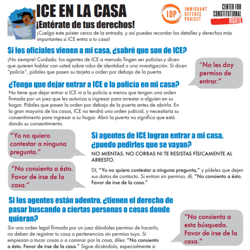 Gray speech bubbles and language in Spanish to assert your rights links to “ICE EN LA CASA."
