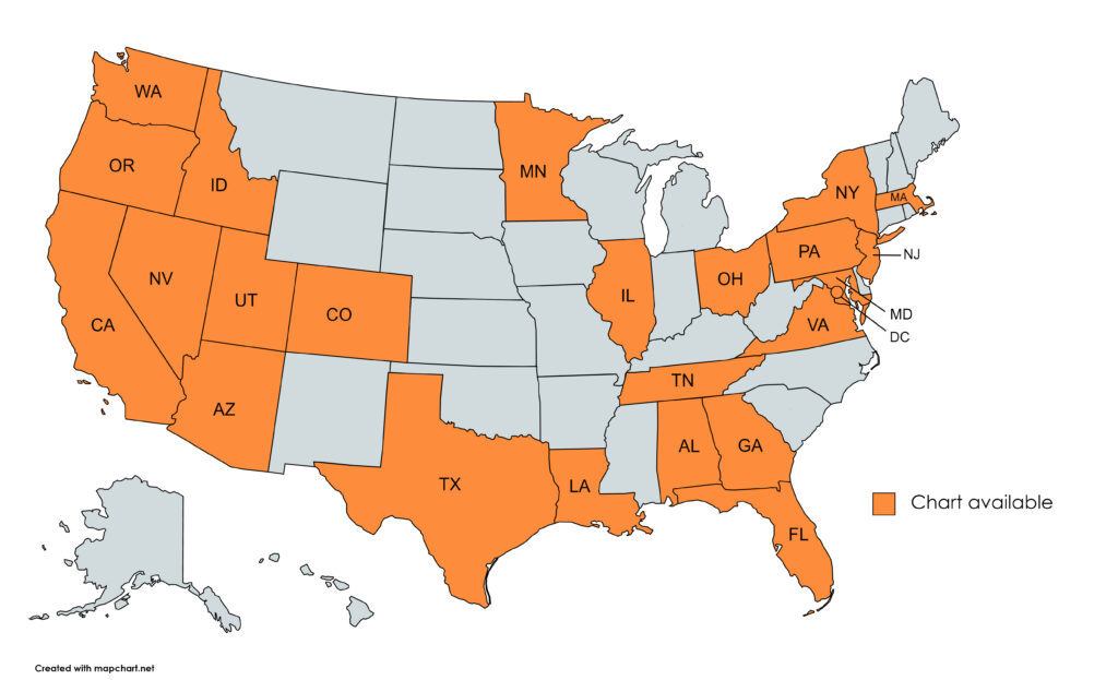 Map of US with some states highlighted in orange