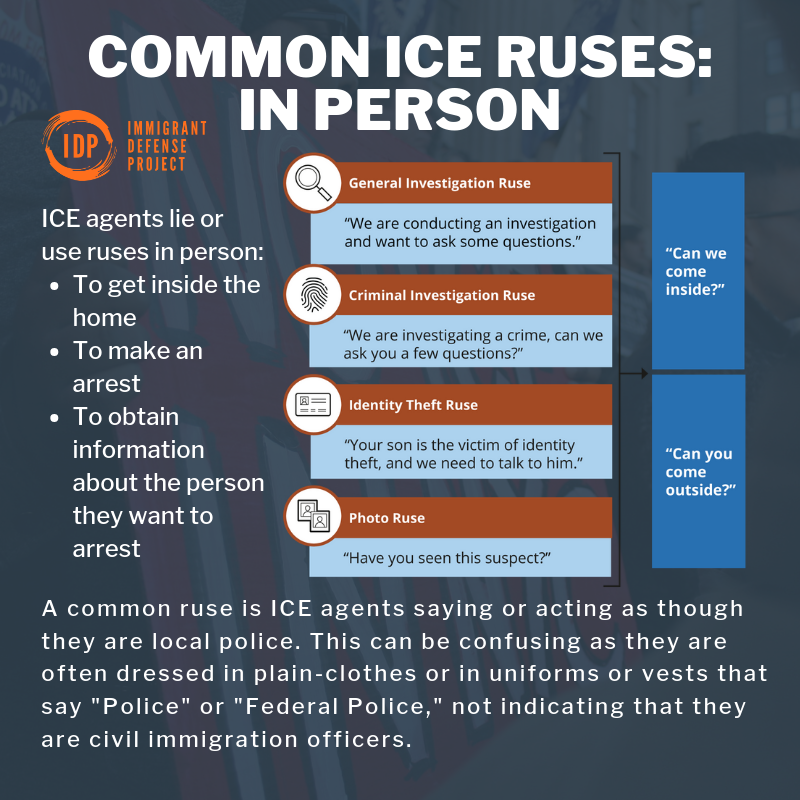 Boxes with examples of ICE tricks links to “COMMON ICE RUSES: IN PERSON.”