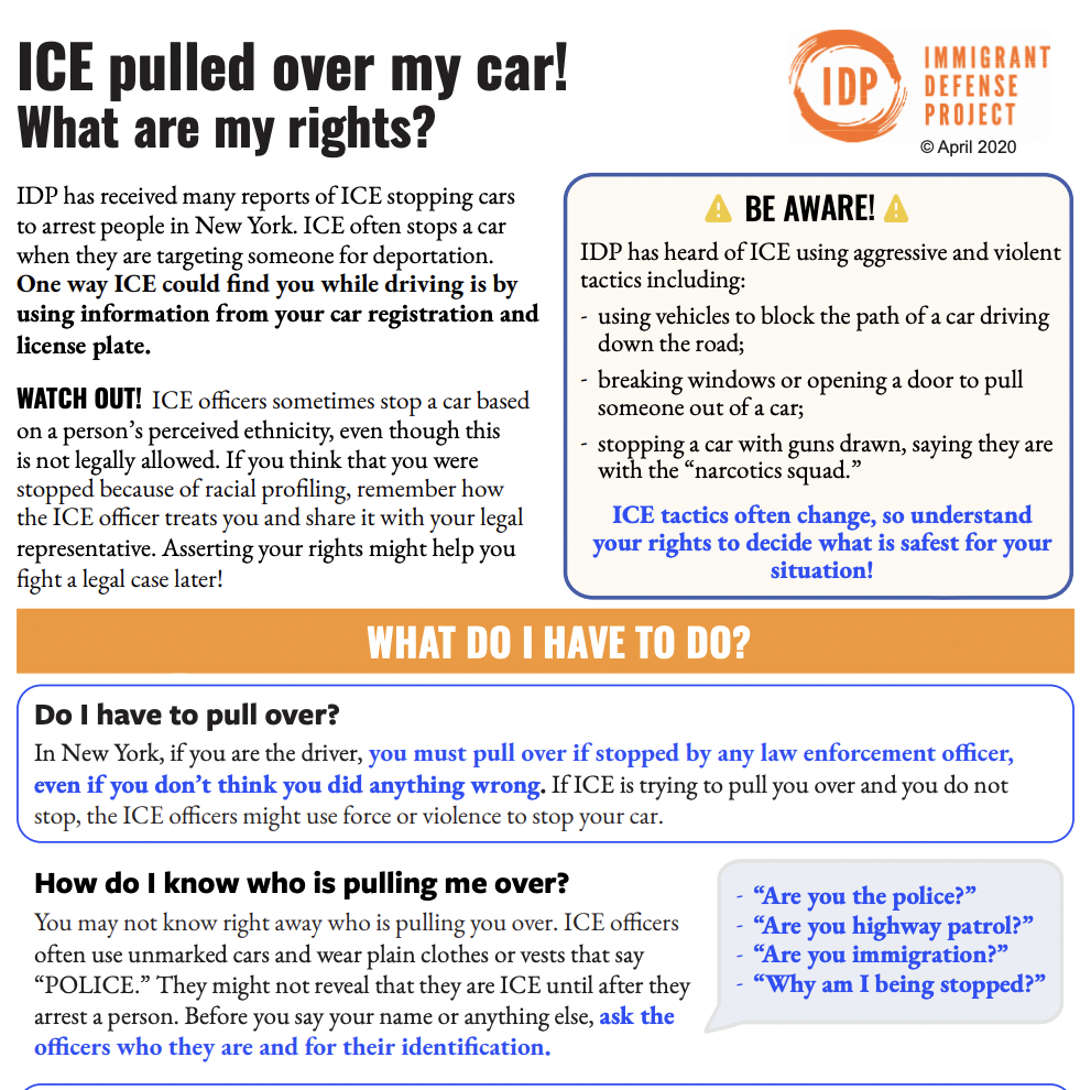 Links to “ICE pulled over my car! What are my rights?” flyer.