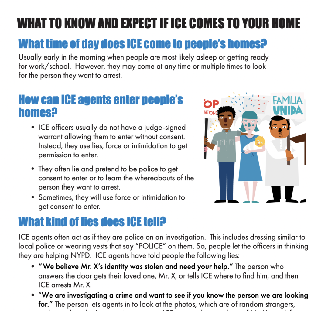 People holding a sign saying “familia unida” links to “WHAT TO KNOW & EXPECT IF ICE COMES TO YOUR HOUSE.” 