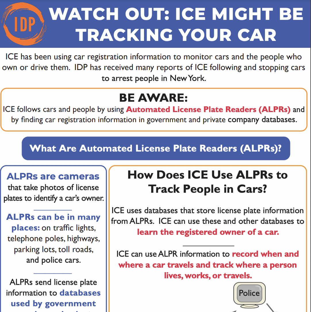Links to “WATCH OUT: ICE MIGHT BE TRACKING YOUR CAR" flyer.
