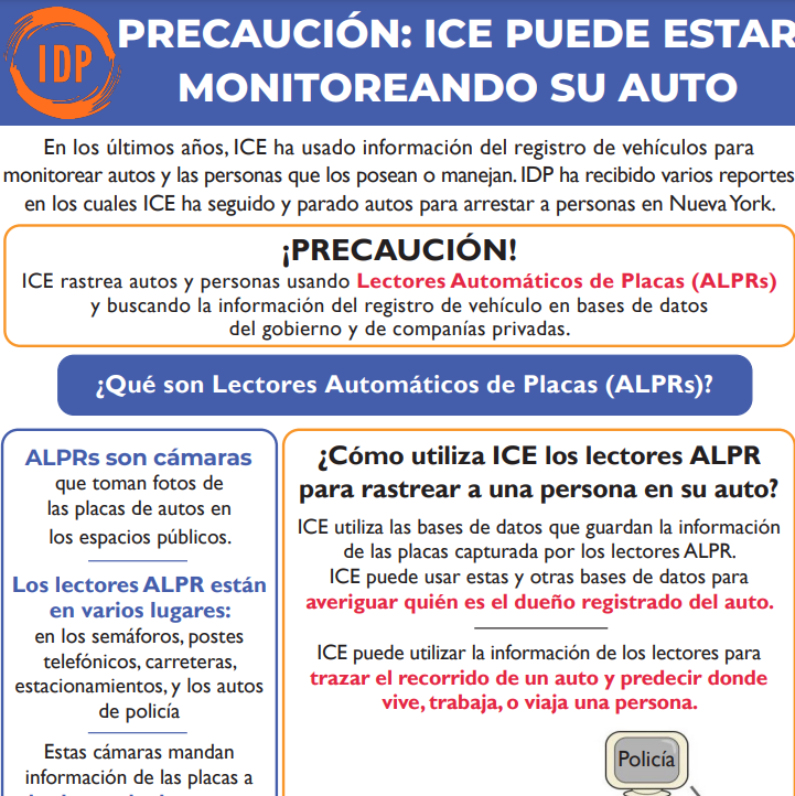 Links to “PRECAUCIÓN: ICE PUEDE ESTAR MONITOREANDO SU AUTO" flyer.