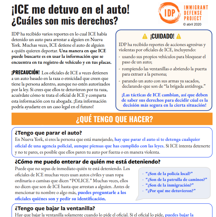 Links to “¡ICE me detuvo en el auto! ¿Cuáles son mis derechos?” flyer.

