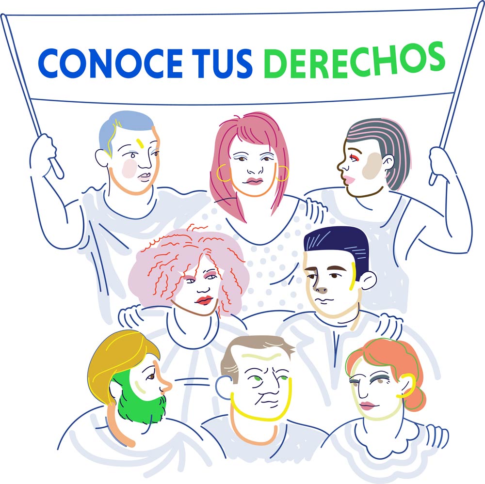 People under a banner saying “CONOCE TUS DERECHOS” links to interactive KYR website in Spanish.