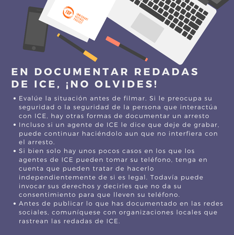 Purple infographic with a laptop, cellphone, papers, and pens links to “EN DOCUMENTAR REDADAS DE ICE, ¡NO OLVIDES!”